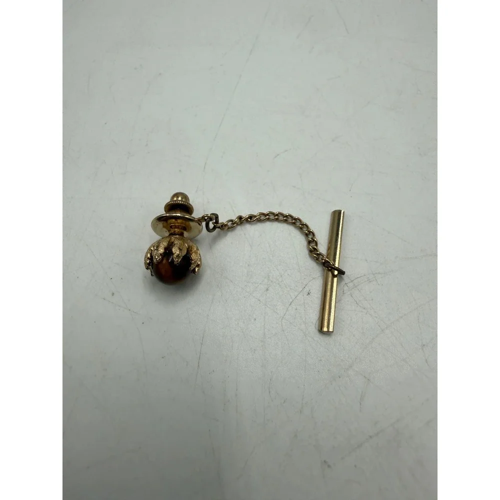 Vtg Gold Tone Tigers Eye Tie Tack Pin‎ with Security Chain and T-Bar Accessory